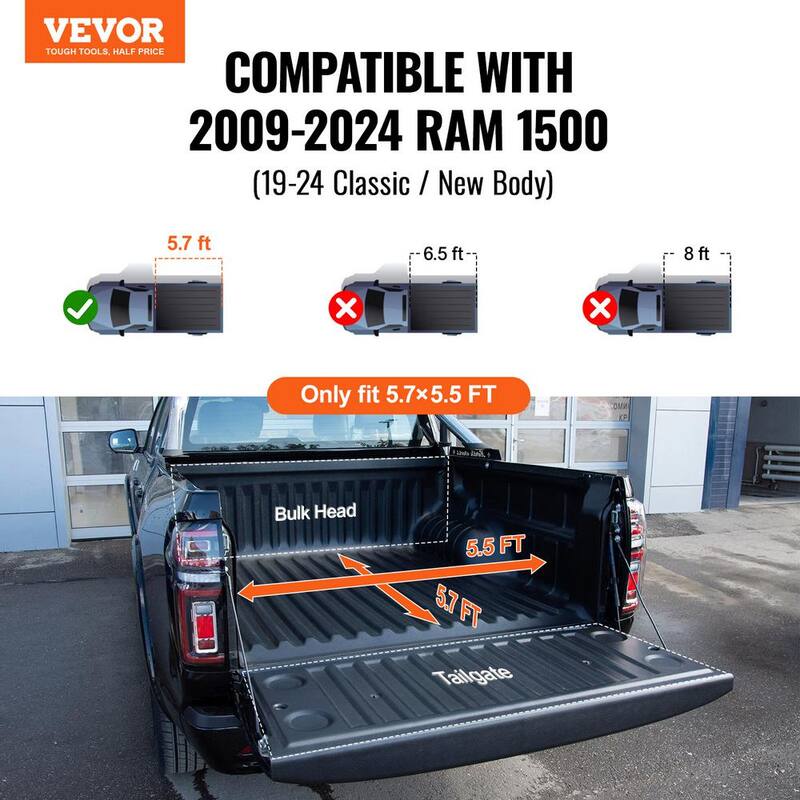 VEVOR Tri-Fold Truck Bed Tonneau Cover Compatible with 2009-2024 Ram 1500 (19-24 Classic/New Body) Fleetside 5.7 ft. Bed - ZDSKCHBXGZDS4EZE5V9
