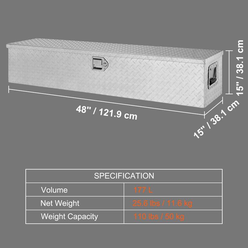 VEVOR 48 in. L x 15 in. W x 15 in. H Top Mount Truck Tool Box Aluminum Bar Tread Tool Box with Lock 2 Keys for Pick Up Truck - LCZXG48X15X1541ZWV0