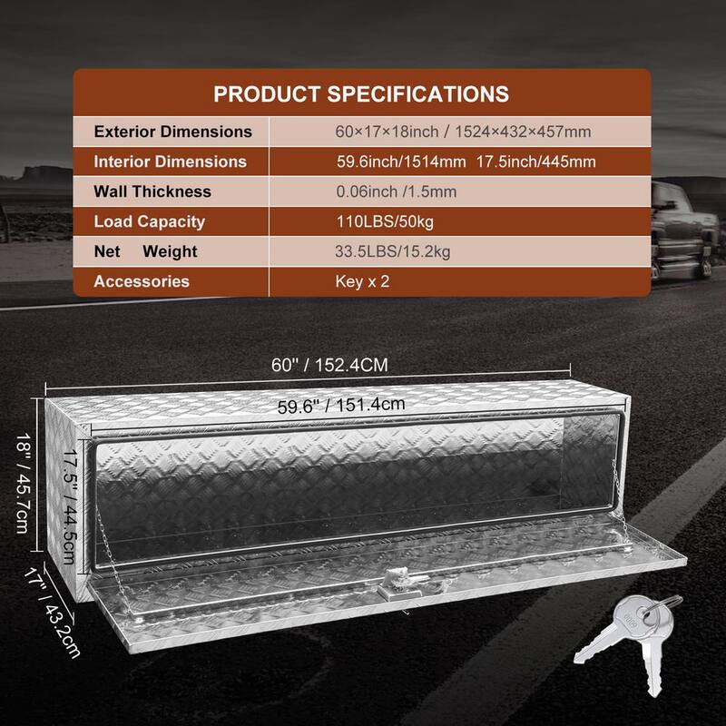 VEVOR 60 in. x 17 in. x 18 in. Underbody Truck Tool Box Aluminum Pickup Storage Box with Keys T-Handle Latch for Truck Trailer - CDK601718INCHTP08V0