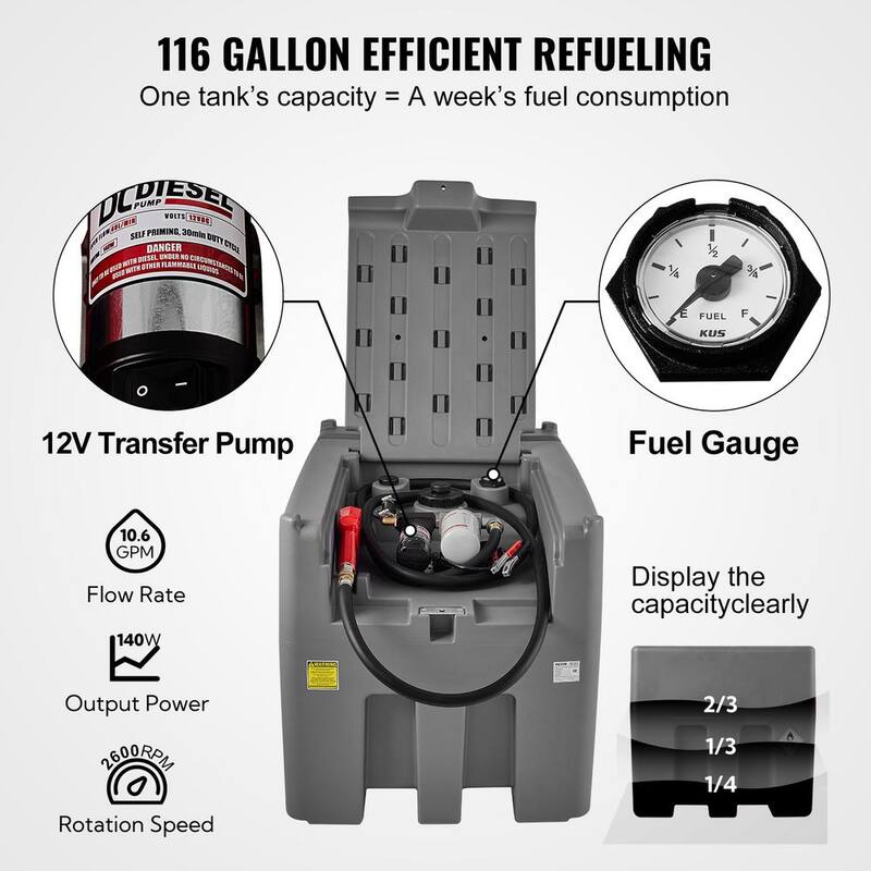 VEVOR Portable Diesel Tank, 116 Gal. Capacity and 10 GPM Flow Rate, Diesel Fuel Tank with 12V Electric Transfer Pump, Gray - SLYXJLBDDWC79VOFMV0-730