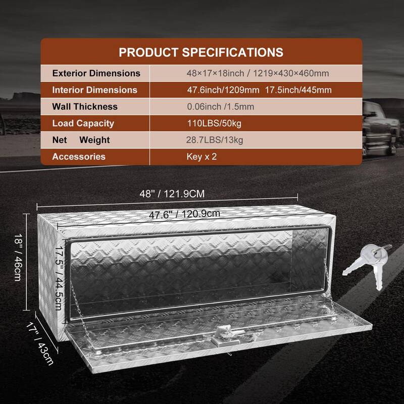 VEVOR 48 in. x 17 in. x 18 in. Underbody Truck Tool Box Aluminum Pickup Storage Box with Lock Keys Latch for Truck Van Trailer - CDK481718INCHFIYXV0