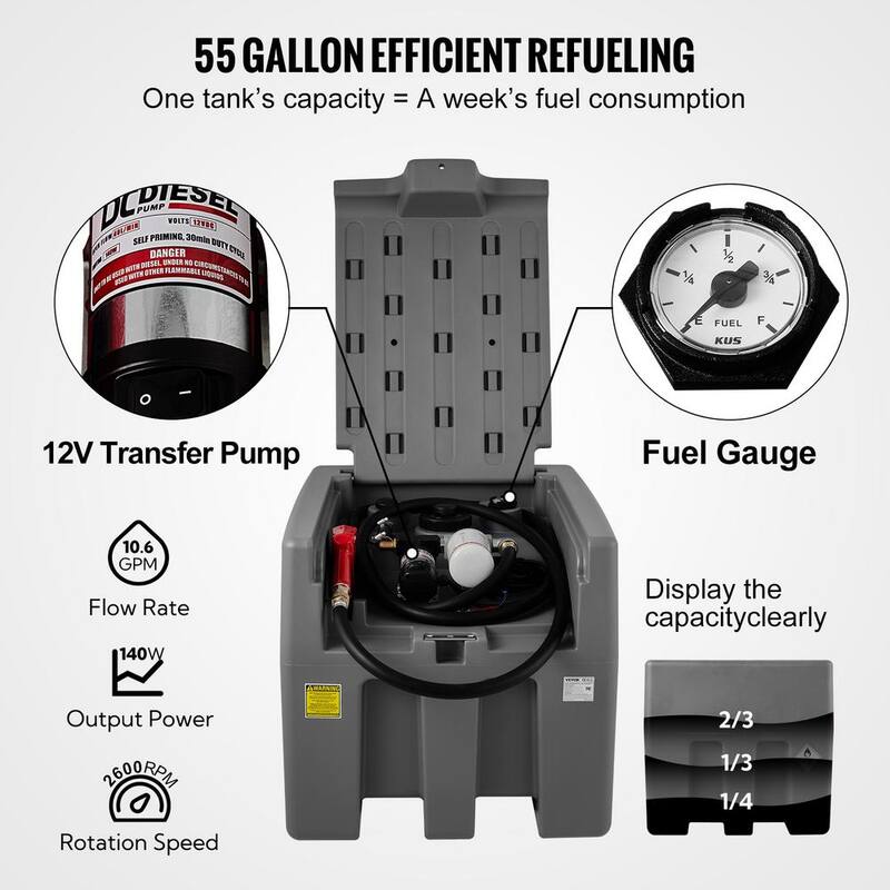 VEVOR Portable Diesel Tank, 58 Gal. Capacity and 10 GPM Flow Rate, Diesel Fuel Tank with 12V Electric Transfer Pump, Gray - SLYXJLBDDWC503G5EV0-730