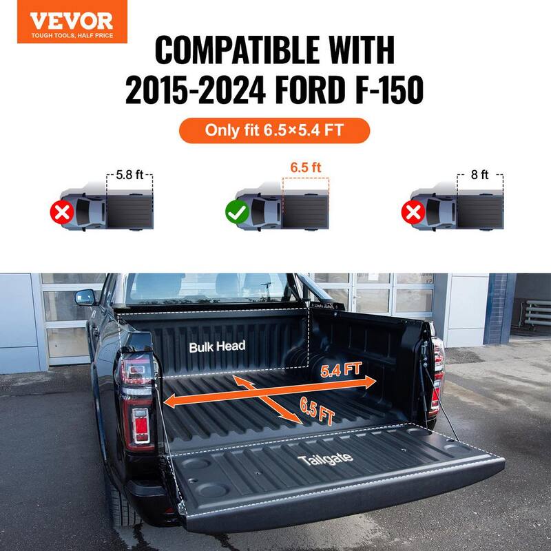 VEVOR Tri-Fold Truck Bed Tonneau Cover Compatible with 2015-2024 Ford F-150 6.5 ft.Bed Only Fit 6.5 ft. x 5.4 ft. Inside Bed - ZDSKCHBXGZDSW95I8V9