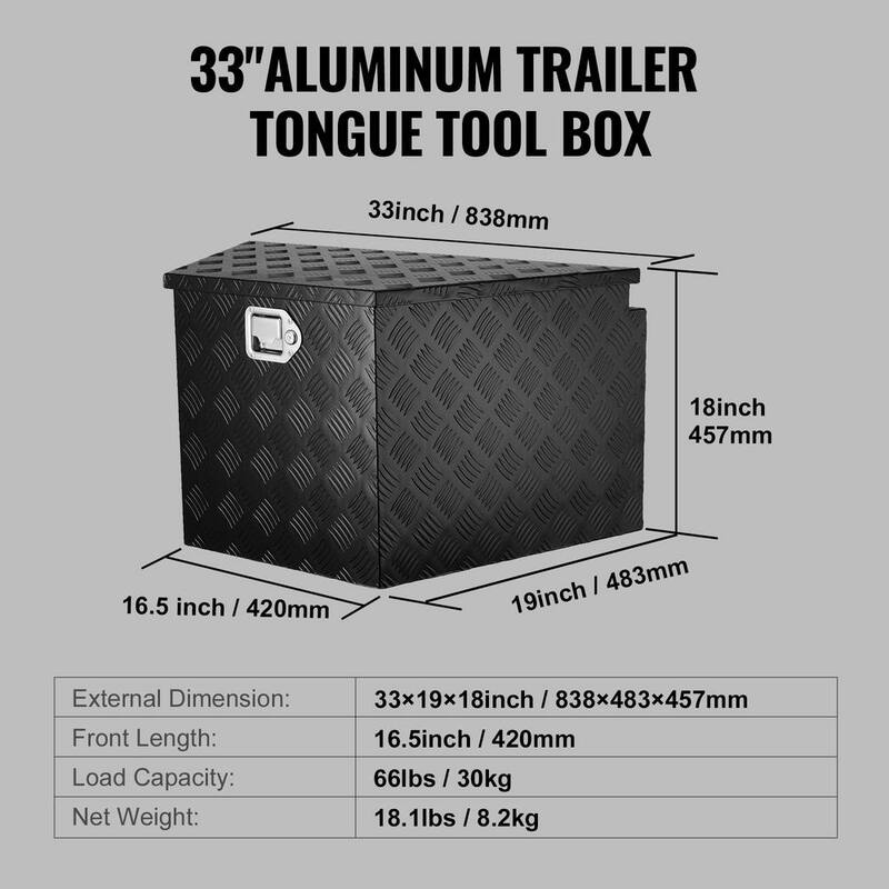 VEVOR Trailer Tongue Box 33 in. L Aluminum Alloy Diamond Plate Truck Tool Box with Lock and Keys for Pickup, Truck RV, Black - T33X19X18INCH8Q94V0