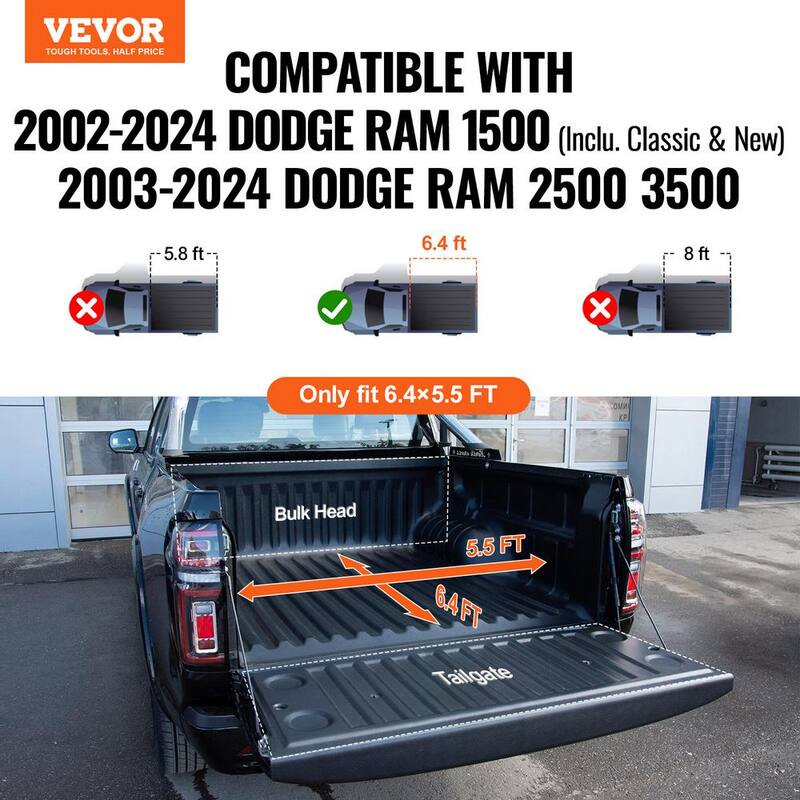 VEVOR Quad-Fold Truck Bed Tonneau Cover, Compatible with 2002-2024 Dodge Ram 1500 (Inclu. Classic & New), 2003-2024 Dodge - ZDSKCHBXGXZDS0LM8V0