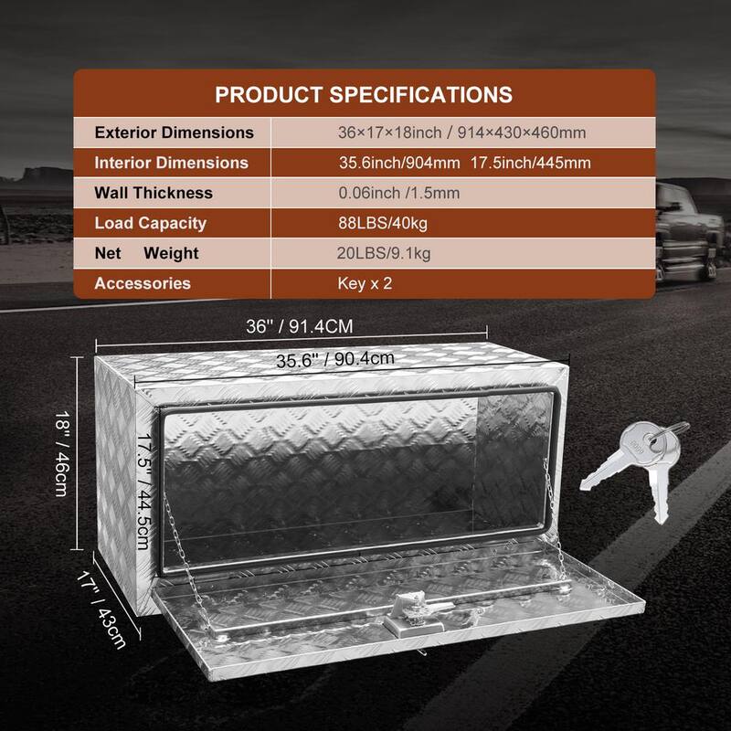 VEVOR 36 in. x 17 in. x 18 in. Underbody Truck Tool Box Aluminum Pickup Storage Box with Lock Keys Latch for Truck Van Trailer - CDK361718INCHPTVPV0