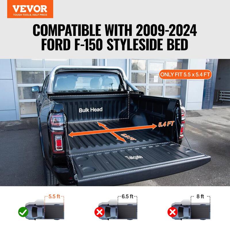 VEVOR Truck Bed Cover Roll Up Truck Bed Tonneau Cover Compatible with 2009-2024 Ford F-150 Styleside Bed for 5.5 x 5.4 ft. Bed - JQSKCHBXGJQSDHHE9V0