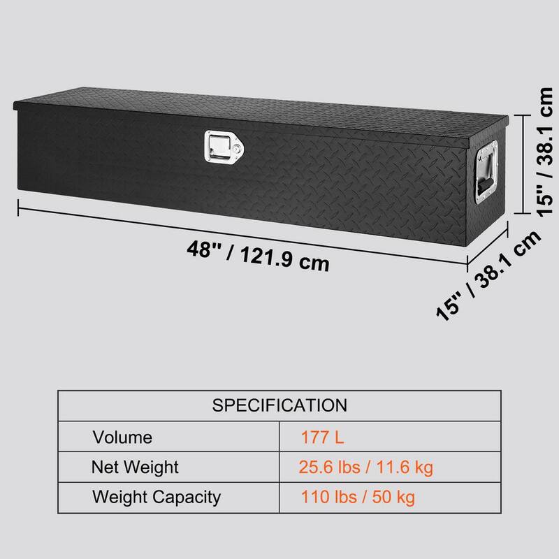 VEVOR 48 in. L x 15 in. W x 15 in. H Top Mount Truck Tool Box Aluminum Bar Tread Tool Box with 2 Keys for Pick Up Truck, Black - LCZXG48X15X155SH1V0