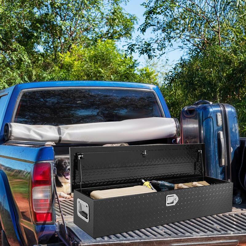 VEVOR 48 in. L x 15 in. W x 15 in. H Top Mount Truck Tool Box Aluminum Bar Tread Tool Box with 2 Keys for Pick Up Truck, Black - LCZXG48X15X155SH1V0