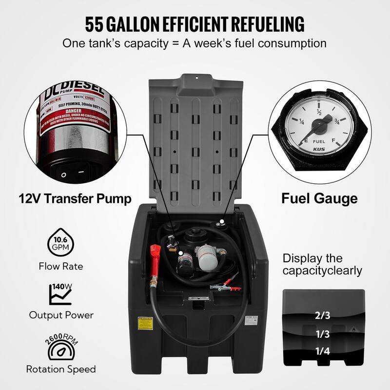 VEVOR Portable Diesel Tank, 58 Gal. Capacity and 10 GPM Flow Rate, Diesel Fuel Tank with 12V Electric Transfer Pump, Black - SLYXJLBDDWC9017X3V0-730