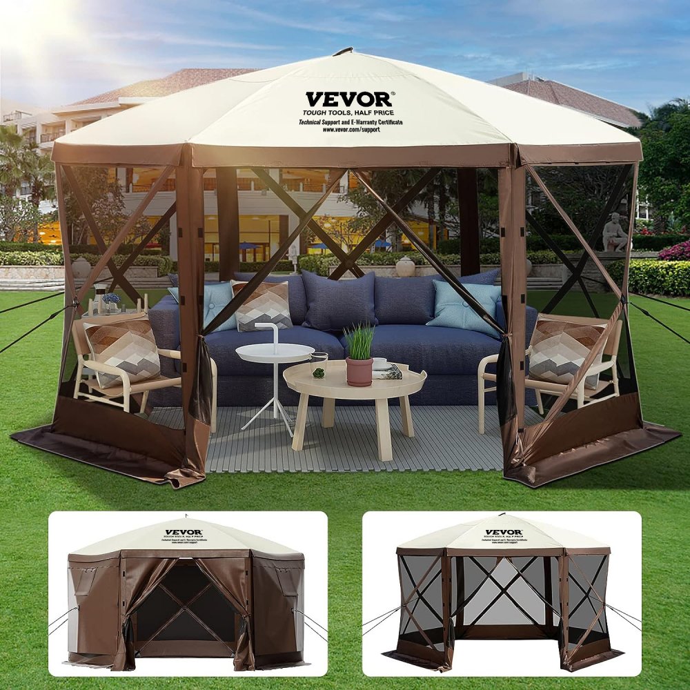 VEVOR Camping Gazebo Screen Tent, 12*12ft, 6 Sided Pop-up Canopy Shelter Tent with Mesh Windows, Portable Carry Bag, Stakes, Large Shade Tents for Outdoor Camping, Lawn and Backyard, Brown/Beige - MZY612FT12FT604DRV0