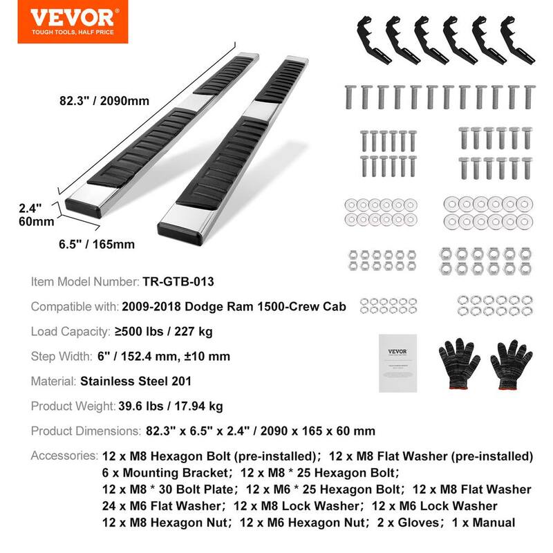 VEVOR Running Boards, 6 in. Step Bars Compatible with 2009-2018 Dodge Ram Crew Cab, Stainless Steel Side Steps Nerf Bars - KCTJBZDS2009Q4BQ4V0-0813