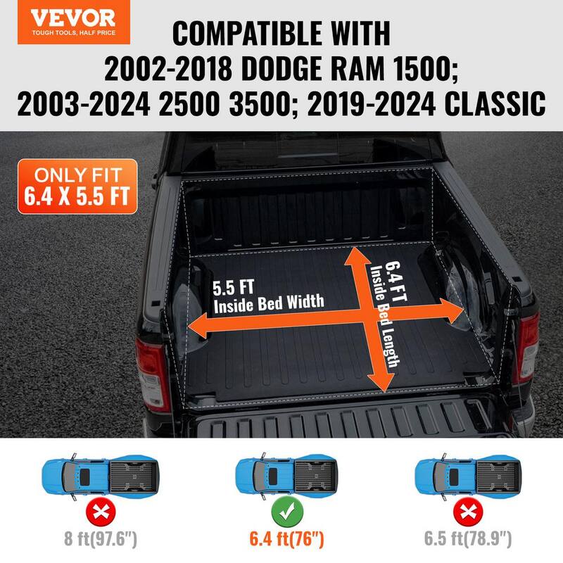 VEVOR Truck Bed Cover Roll Up Truck Bed Tonneau Cover Compatible with 2002-2018 Dodge Ram 1500,2019-2024 Classic, Soft PVC - JQSKCHBXGJQSYTYBSV0