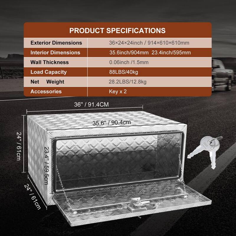 VEVOR 36 in. x 24 in. x 24 in. Underbody Truck Tool Box Aluminum Pickup Storage Box with Keys T-Handle Latch for Truck Trailer - CDK362424INCHHXLFV0