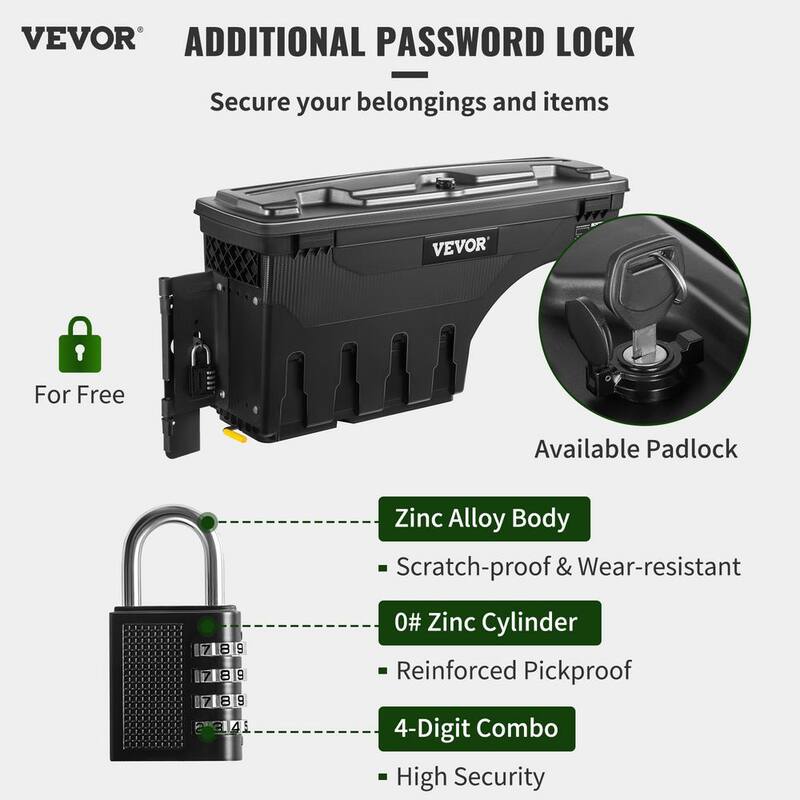 VEVOR 28 in. ABS Truck Bed Storage Box 6.6 Gal. Driver Side Truck Tool Box with Password Padlock for Tundra 2007-2021, Black - KTOYOTATUNDRAVZRWV0