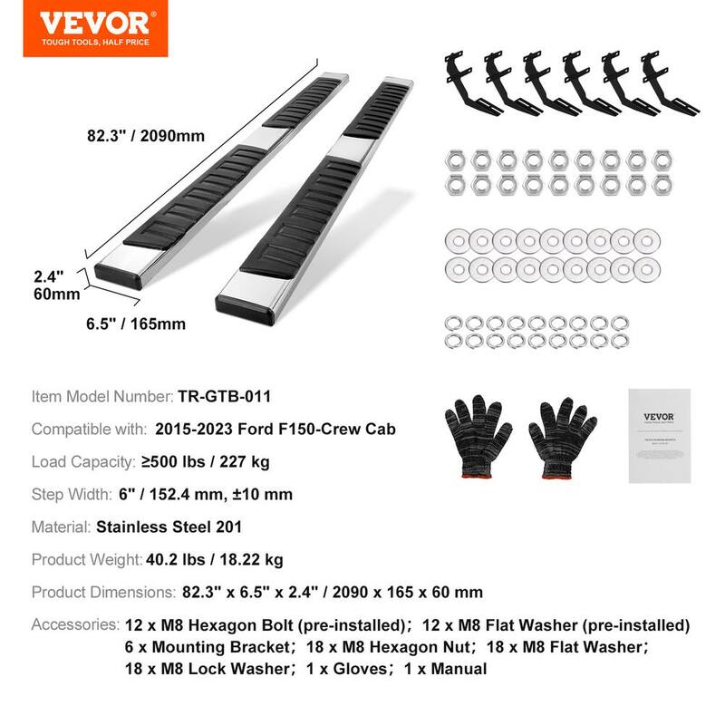 VEVOR Running Boards, 6 in. Step Bars Compatible with Ford Crew Cab Super Duty Crew Cab, Stainless Steel Side Steps Nerf Bars - KCTJBZDS2015LCNPKV0-0813