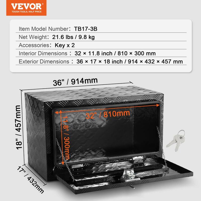 VEVOR Underbody Truck Box, 36 x 17 x 18 in. Pickup Storage Box, Heavy Duty Aluminum Diamond Plate Tool Box with Lock and Keys - CDKCGJX23617M29BSV0