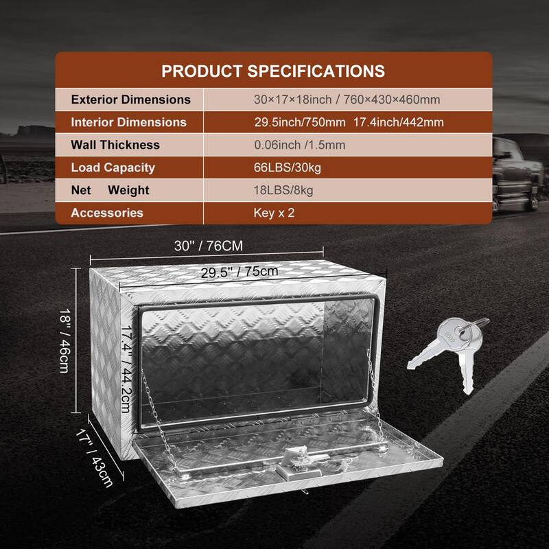 VEVOR 30 in. x 17 in. x 18 in. Underbody Truck Tool Box Aluminum Pickup Storage Box with Lock Keys Latch for Truck Van Trailer - CDK301718INCHDKRDV0