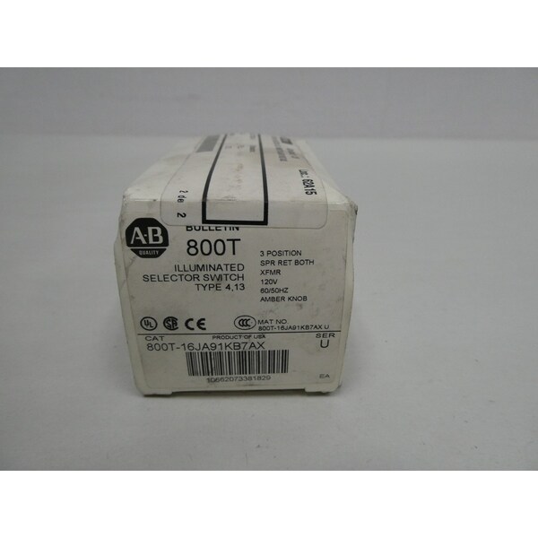 Interruptor selector iluminado de 3 posiciones Allen Bradley 120V-Ac - 00T-16JA91KB7AX