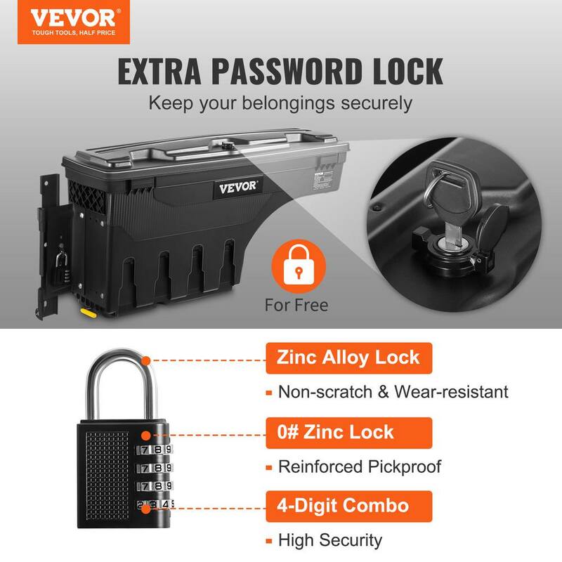 VEVOR 6.6 Gal. Truck Bed Storage Box 28 in. ABS Driver Side Truck Tool Box with Password Padlock for Super Duty 2017-21, Black - KCLJGJXJSYCXL2YXWV0