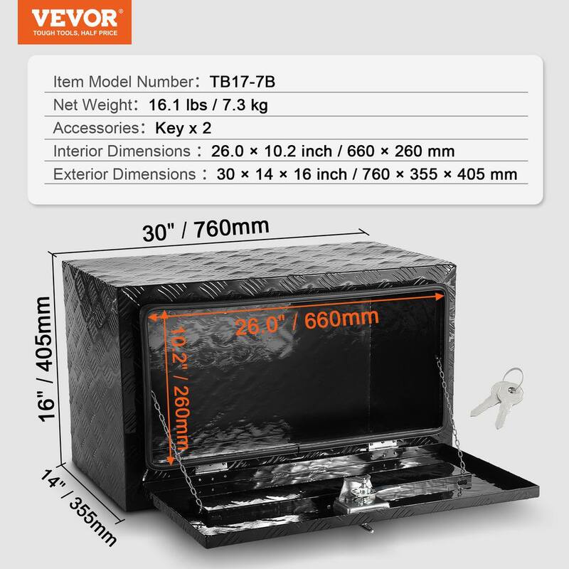 VEVOR Underbody Truck Box, 30 x 14 x 16 in. Pickup Storage Box, Heavy Duty Aluminum Diamond Plate Tool Box with Lock and Keys - CDKCGJX23014H8XL3V0