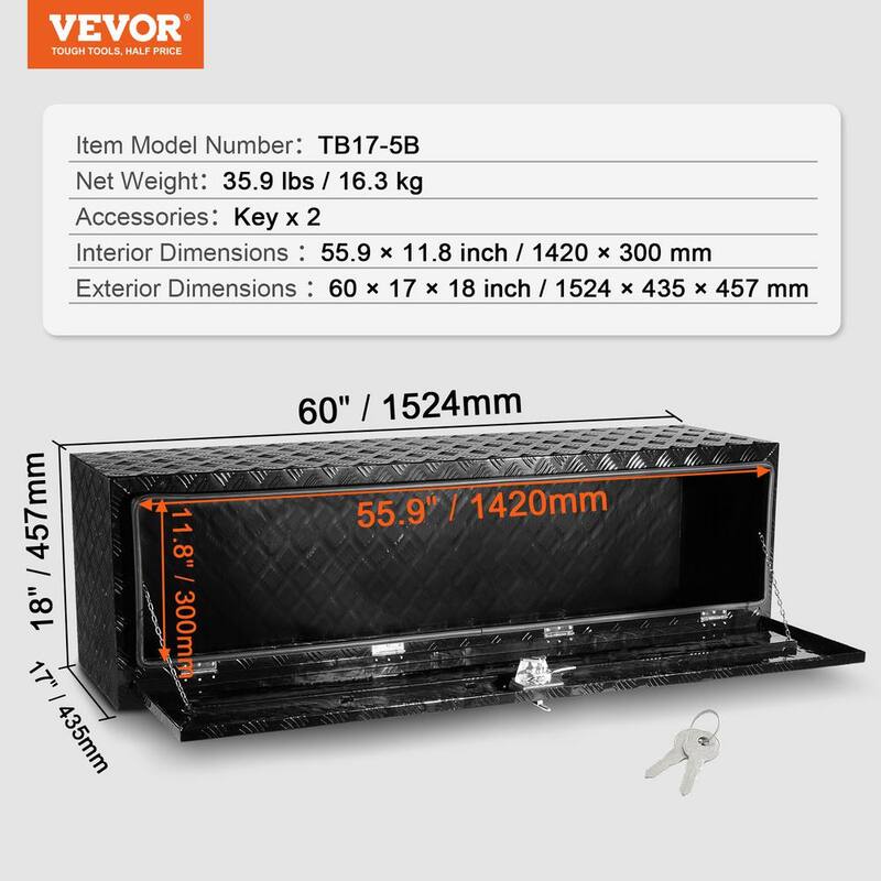 VEVOR Underbody Truck Box, 60 x 17 x 18 in. Pickup Storage Box, Heavy Duty Aluminum Diamond Plate Tool Box with Lock and Keys - CDKCGJX26017EYJ1NV0