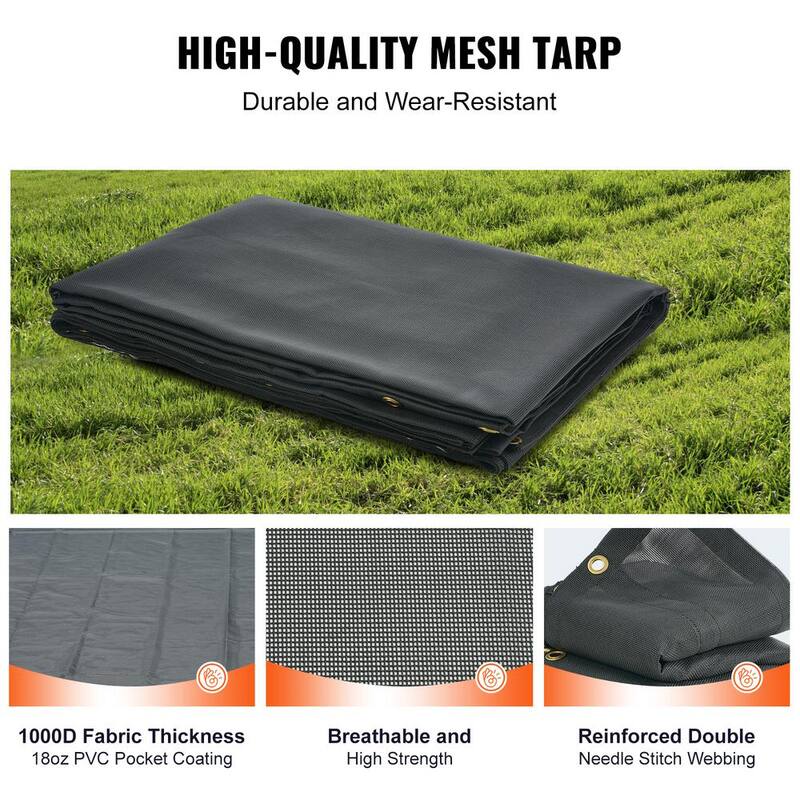 VEVOR Dump Truck Mesh Tarp, 7 ft. x 14 ft., PVC Coated Black Heavy Duty Cover with 5.5 in. 18 oz. Double Pocket Brass Grommets - KCPVC7X1418OZ9JB4V0-819