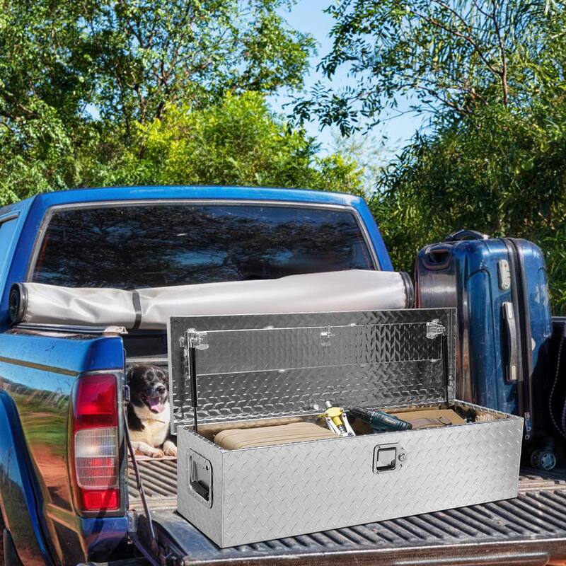 VEVOR 30 in. L x 13 in. W x 90 in. H Top Mount Truck Tool Box Aluminum Bar Tread Tool Box with 2 Key for Pick Up Truck, Silver - LCZXG39X13X10DNBAV0