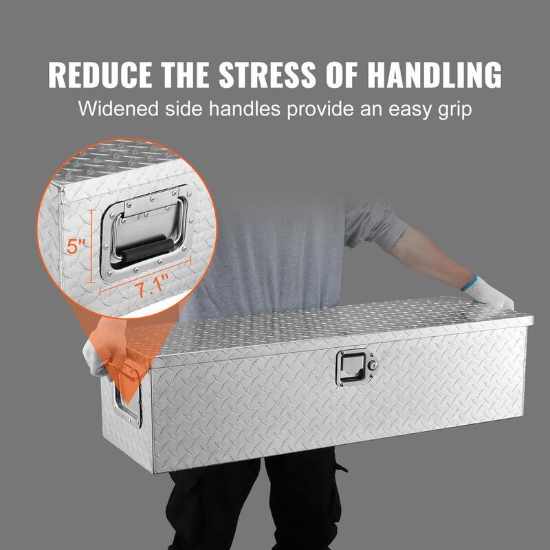 VEVOR 30 in. L x 13 in. W x 90 in. H Top Mount Truck Tool Box Aluminum Bar Tread Tool Box with 2 Key for Pick Up Truck, Silver - LCZXG39X13X10DNBAV0