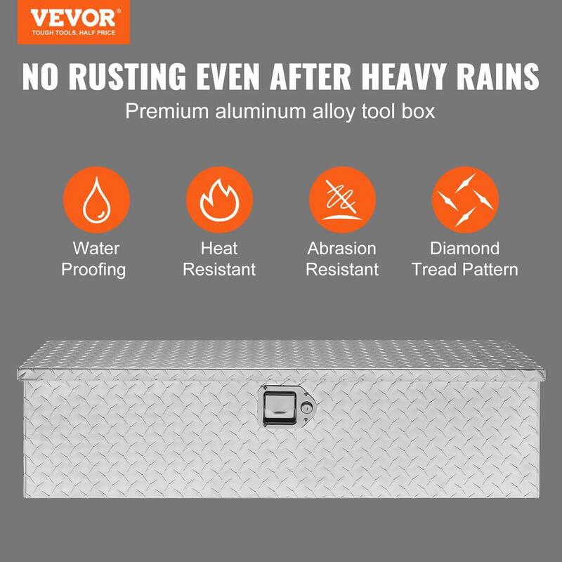 VEVOR 30 in. L x 13 in. W x 90 in. H Top Mount Truck Tool Box Aluminum Bar Tread Tool Box with 2 Key for Pick Up Truck, Silver - LCZXG39X13X10DNBAV0