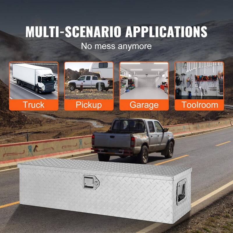 VEVOR 30 in. L x 13 in. W x 90 in. H Top Mount Truck Tool Box Aluminum Bar Tread Tool Box with 2 Key for Pick Up Truck, Silver - LCZXG39X13X10DNBAV0