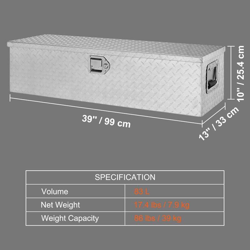 VEVOR 30 in. L x 13 in. W x 90 in. H Top Mount Truck Tool Box Aluminum Bar Tread Tool Box with 2 Key for Pick Up Truck, Silver - LCZXG39X13X10DNBAV0