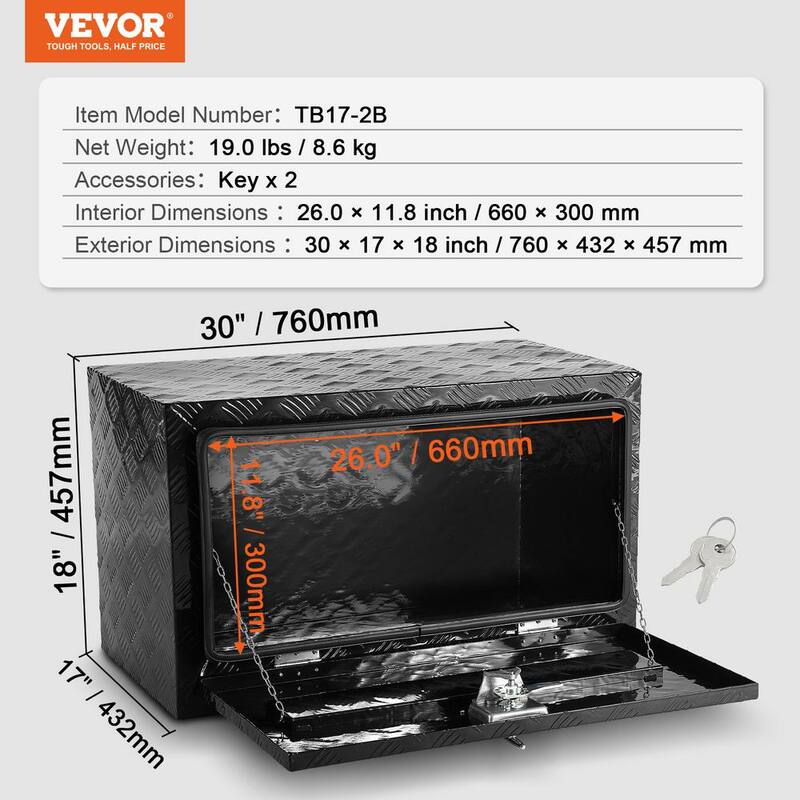 VEVOR Underbody Truck Box, 30x17x18 in. Pickup Storage Box, Heavy Duty Aluminum Diamond Plate Tool Box with Lock and Keys - CDKCGJX23017UOUSBV0