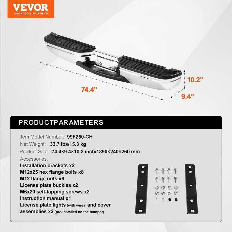 VEVOR Rear Step Bumper, Compatible with 1999-2007-Ford F250/Ford F350 Super Duty, Chrome Steel Back Bumper - FTK19992007F4UPAOV9