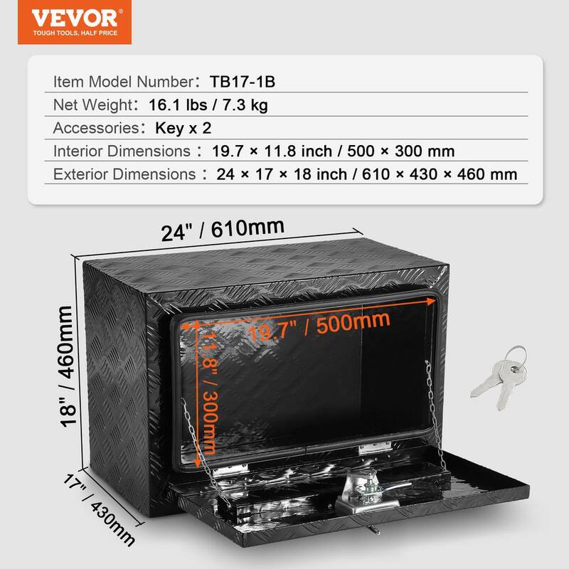 VEVOR Underbody Truck Box, 24x17x18 in. Pickup Storage Box, Heavy Duty Aluminum Diamond Plate Tool Box with Lock and Keys - CDKCGJX224171OOSWV0