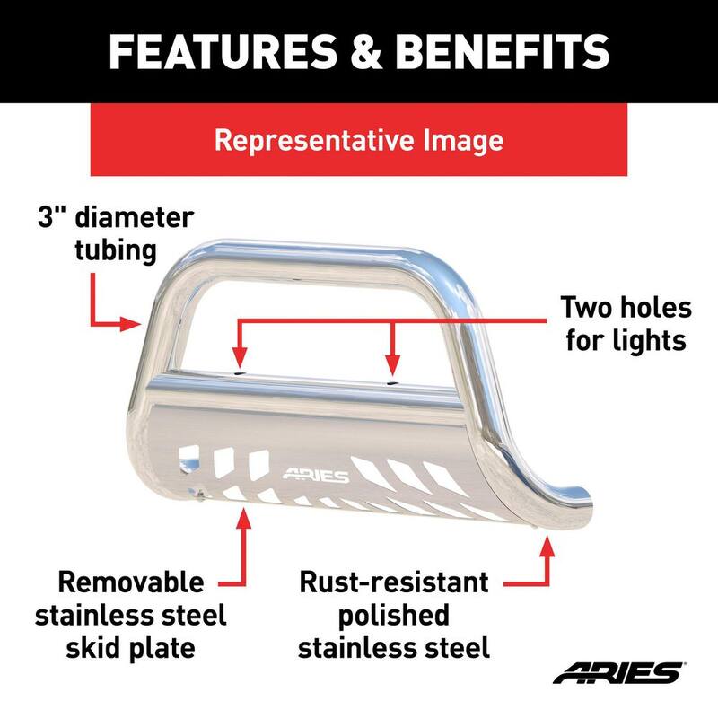 Aries 3-Inch Polished Stainless Steel Bull Bar, No-Drill, Select Chevrolet Silverado, GMC Sierra 2500, 3500 HD - 35-4013