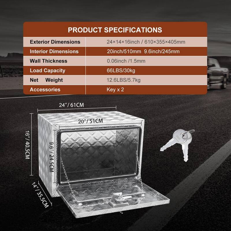 SKYSHALO Underbody Truck Box, 24 x 14 x 16 in. Pickup Storage Box, Heavy Duty Aluminum Diamond Plate Tool Box with Lock - CDK241416INCHAMF9V0-0711
