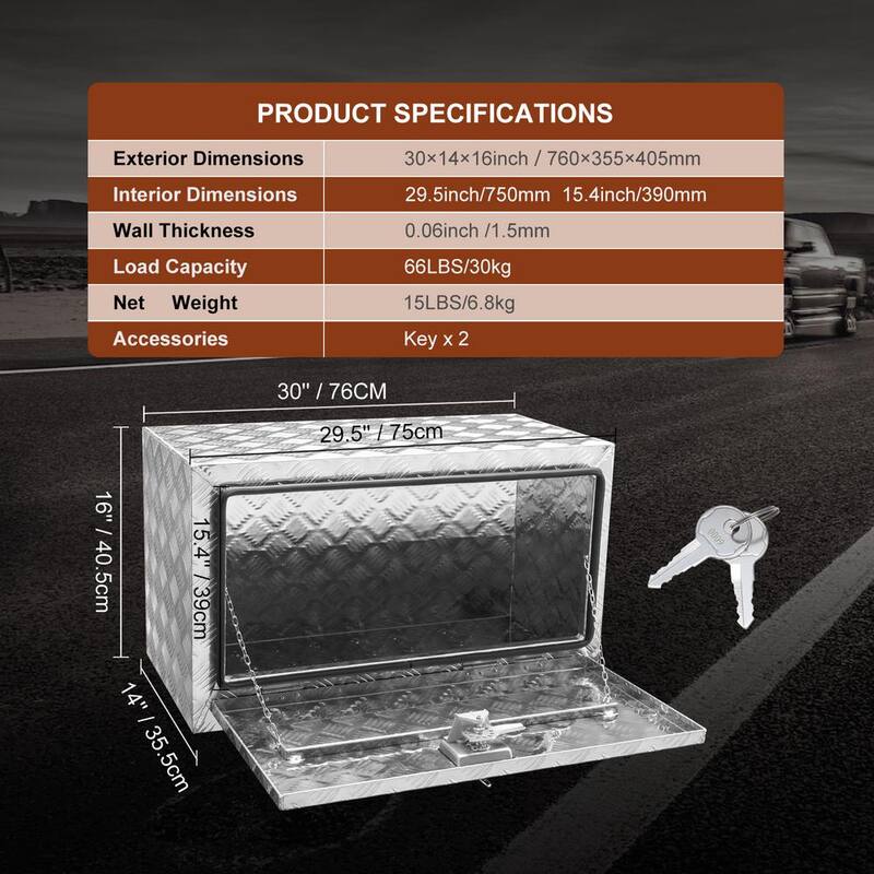 VEVOR 30 in. x 14 in. x 16 in. Underbody Truck Tool Box Aluminum Pickup Storage Box with Keys T-Handle Latch for Truck Trailer - CDK301416INCH2LT5V0