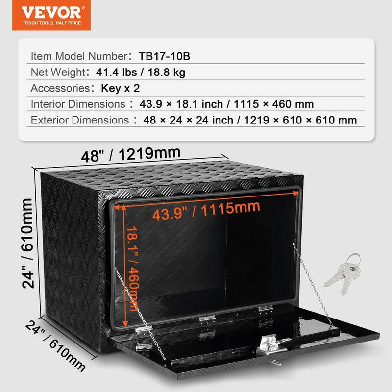 VEVOR Underbody Truck Box, 48x24x24 in. Pickup Storage Box, Heavy Duty Aluminum Diamond Plate Tool Box with Lock and Keys - CDKCGJX24824B5YRSV0