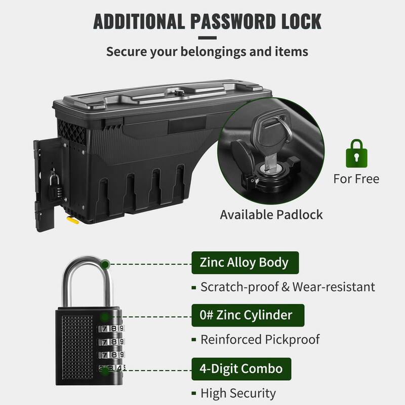 SKYSHALO Truck Bed Storage Box, Lockable Lid, Waterproof ABS Wheel Side Truck Tool Box 6.6 Gal./20 L with Password Padlock - KCLJGDODGERAMACUNV0-0711