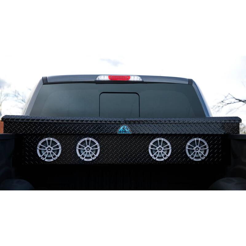 ICEBURG 72 in. Black Aluminum Full Size Crossover Truck Tool Box with 4 Speakers, Blue Lighting and Cooler - PIN-BLK-4-BLU