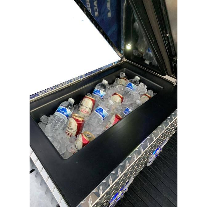 ICEBURG 72 in. Black Aluminum Full Size Crossover Truck Tool Box with 4 Speakers, Blue Lighting and Cooler - PIN-BLK-4-BLU