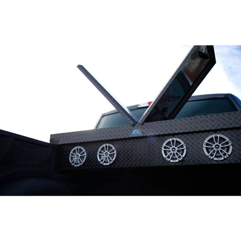 ICEBURG 72 in. Black Aluminum Full Size Crossover Truck Tool Box with 4 Speakers, Blue Lighting and Cooler - PIN-BLK-4-BLU