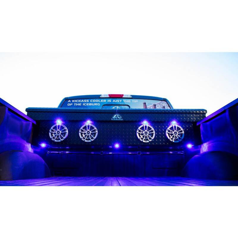 ICEBURG 72 in. Black Aluminum Full Size Crossover Truck Tool Box with 4 Speakers, Blue Lighting and Cooler - PIN-BLK-4-BLU