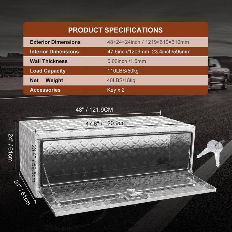 VEVOR Underbody Truck Box, 48x24x24in. Pickup Storage Box, Heavy Duty Aluminum Diamond Plate Tool Box with Lock and Keys - CDK482424INCHNDMQV0-0920