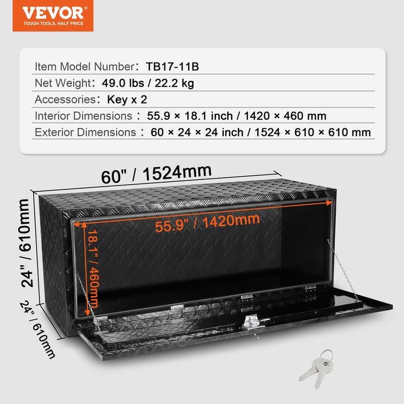 VEVOR Underbody Truck Box 60 in. L x 24 in. W x 24 in. H Pickup Storage Box, Heavy Duty Aluminum Diamond Plate Tool Box - CDKCGJX26024BFEV0V0