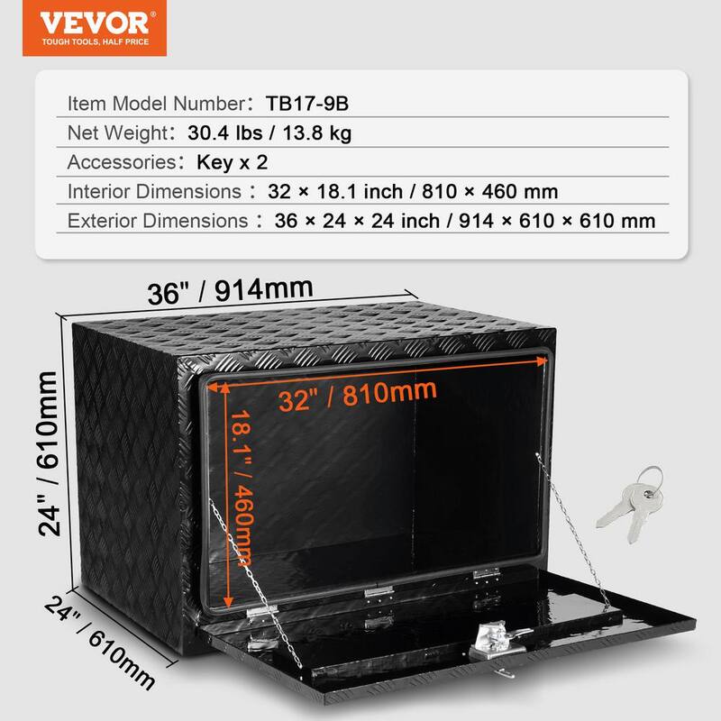 VEVOR Underbody Truck Box, 36 x 24 x 24 in. Pickup Storage Box, Heavy Duty Aluminum Diamond Plate Tool Box with Lock and Keys - CDKCGJX23624KJ1CAV0