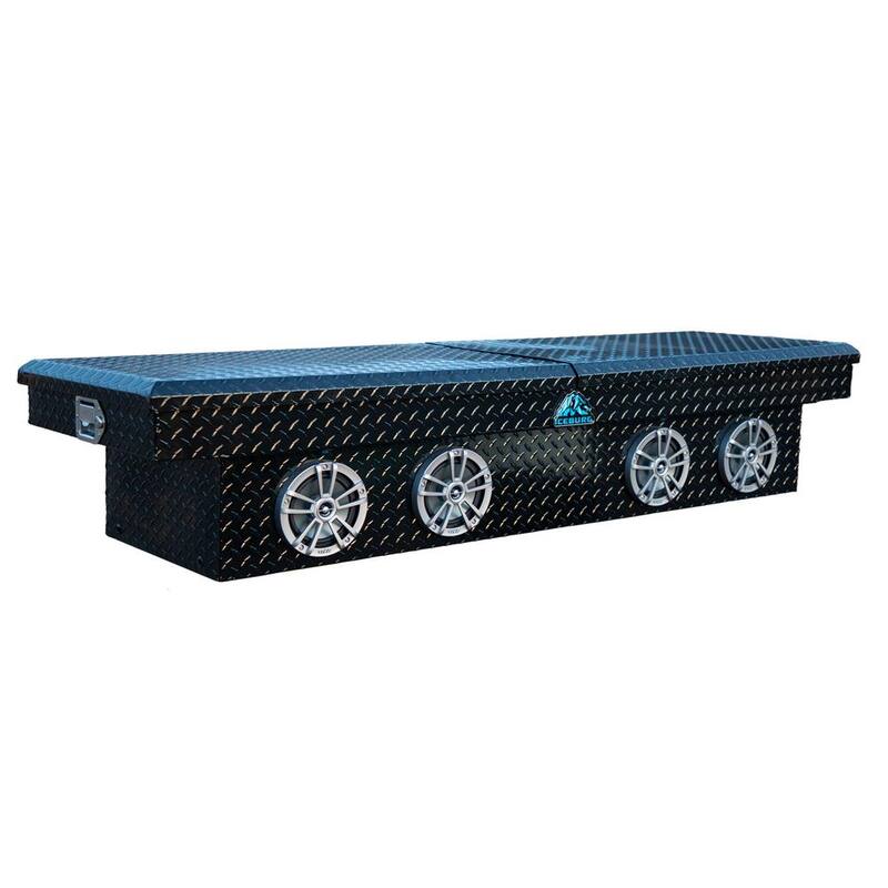 ICEBURG 72 in. Black Aluminum Full Size Crossover Truck Tool Box with 4 Speakers, Red Lighting and Cooler - PIN-BLK-4-RED