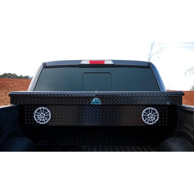 ICEBURG 72 in. Black Aluminum Full Size Crossover Truck Tool Box with 2 Speakers, Red, Lighting and Cooler - ARC-BLK-2-RED