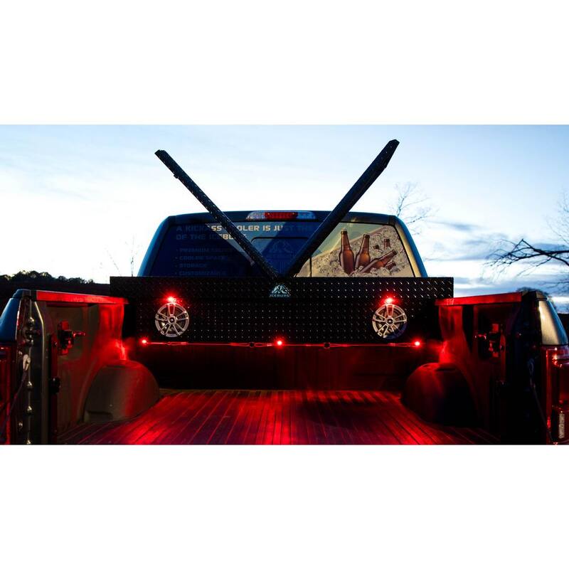 ICEBURG 72 in. Black Aluminum Full Size Crossover Truck Tool Box with 2 Speakers, Red, Lighting and Cooler - ARC-BLK-2-RED